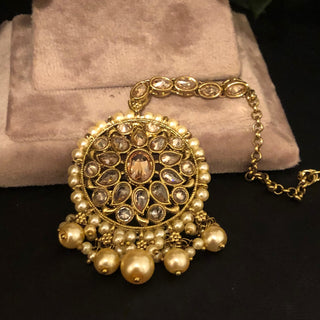 Pearly Antique Gold Necklace Set (Necklace, Earrings, Tikka) - Golden