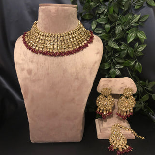 Pearly Antique Gold Necklace Set (Necklace, Earrings, Tikka) - Golden / Deep Red