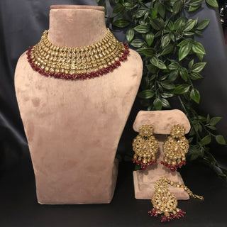 Pearly Antique Gold Necklace Set (Necklace, Earrings, Tikka) - Golden / Deep Red