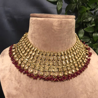 Pearly Antique Gold Necklace Set (Necklace, Earrings, Tikka) - Golden / Deep Red