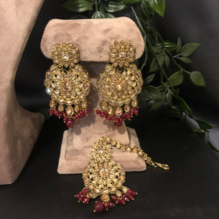 Pearly Antique Gold Necklace Set (Necklace, Earrings, Tikka) - Golden / Deep Red