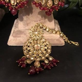 Pearly Antique Gold Necklace Set (Necklace, Earrings, Tikka) - Golden / Deep Red