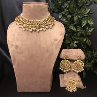 Pearly Antique Gold Necklace Set (Necklace, Earrings, Tikka) - Golden / Frosty Pink