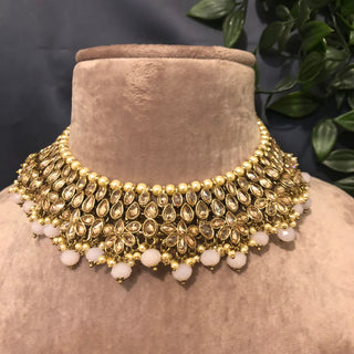 Pearly Antique Gold Necklace Set (Necklace, Earrings, Tikka) - Golden / Frosty Pink