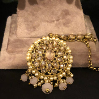 Pearly Antique Gold Necklace Set (Necklace, Earrings, Tikka) - Golden / Frosty Pink