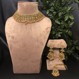 Pearly Antique Gold Necklace Set (Necklace, Earrings, Tikka) - Golden / Peach