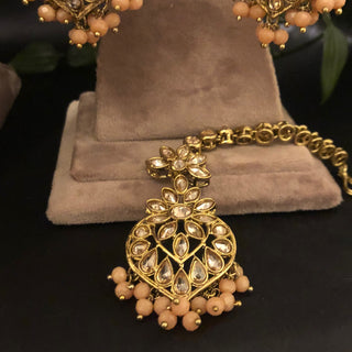 Pearly Antique Gold Necklace Set (Necklace, Earrings, Tikka) - Golden / Peach