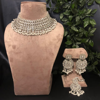 Pearly Antique Silver Necklace Set (Necklace, Earrings, Tikka) - Silver