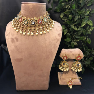 Pearly Antique Gold Necklace Set (Necklace, Earrings) - Golden / Multi