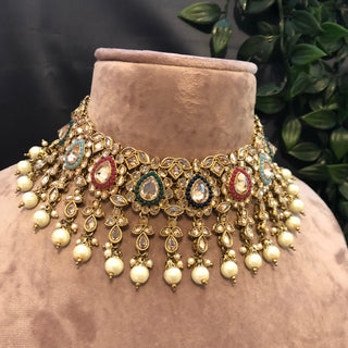 Pearly Antique Gold Necklace Set (Necklace, Earrings) - Golden / Multi