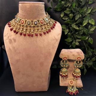 Pearly Antique Gold Necklace Set (Necklace, Earrings) - Golden / Multi