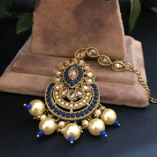 Pearly Antique Gold Necklace Set (Necklace, Earrings, Tikka) - Golden / Blue