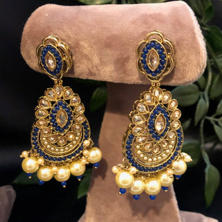 Pearly Antique Gold Necklace Set (Necklace, Earrings, Tikka) - Golden / Blue