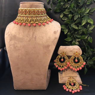 Pearly Antique Gold Necklace Set (Necklace, Earrings, Tikka) - Golden / Pink