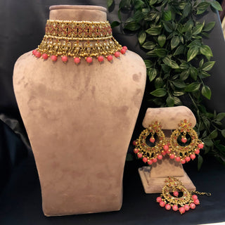 Pearly Antique Gold Necklace Set (Necklace, Earrings, Tikka) - Golden / Pink