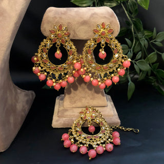 Pearly Antique Gold Necklace Set (Necklace, Earrings, Tikka) - Golden / Pink