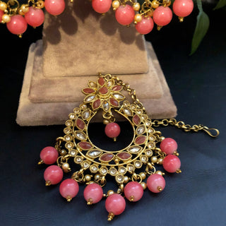 Pearly Antique Gold Necklace Set (Necklace, Earrings, Tikka) - Golden / Pink