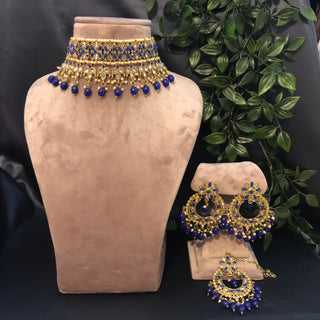 Pearly Antique Gold Necklace Set (Necklace, Earrings, Tikka) - Golden / Blue