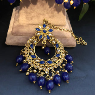 Pearly Antique Gold Necklace Set (Necklace, Earrings, Tikka) - Golden / Blue