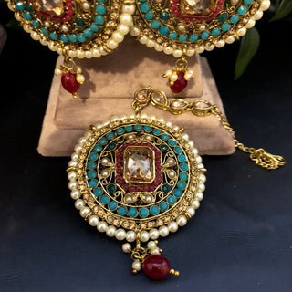 Pearly Antique Gold Necklace Set (Necklace, Earrings, Tikka) - Golden / Multi