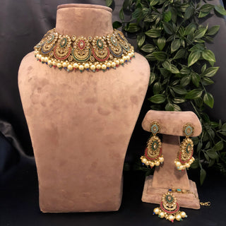 Pearly Antique Gold Necklace Set (Necklace, Earrings, Tikka) - Golden / Multi