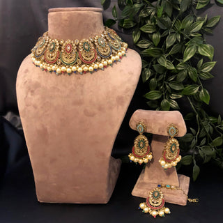 Pearly Antique Gold Necklace Set (Necklace, Earrings, Tikka) - Golden / Multi