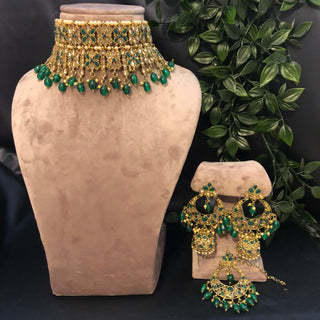 Pearly Antique Gold, Double Choker Necklace Set (Necklace, Earrings, Tikka) - Golden / Emerald Green