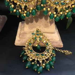 Pearly Antique Gold Necklace Set (Necklace, Earrings, Tikka) - Golden / Emerald Green