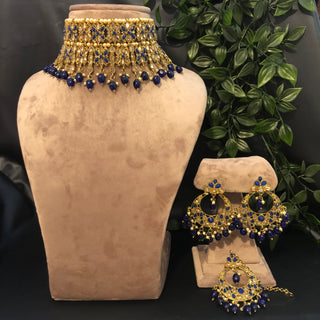 Pearly Antique Gold Double Choker Necklace Set (Necklace, Earrings, Tikka) - Golden / Royal Blue