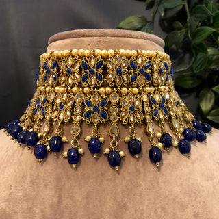 Pearly Antique Gold Double Choker Necklace Set (Necklace, Earrings, Tikka) - Golden / Royal Blue