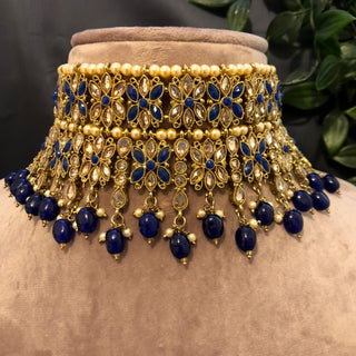 Pearly Antique Gold Double Choker Necklace Set (Necklace, Earrings, Tikka) - Golden / Royal Blue