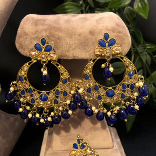 Pearly Antique Gold Double Choker Necklace Set (Necklace, Earrings, Tikka) - Golden / Royal Blue