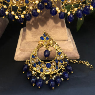 Pearly Antique Gold Double Choker Necklace Set (Necklace, Earrings, Tikka) - Golden / Royal Blue