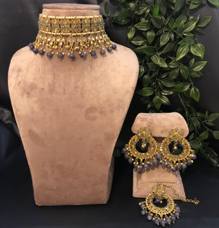 Pearly Antique Gold Necklace Set (Necklace, Earrings, Tikka) - Golden / Grey