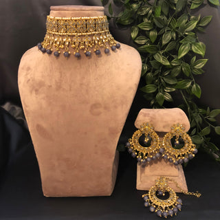 Pearly Antique Gold Necklace Set (Necklace, Earrings, Tikka) - Golden / Grey