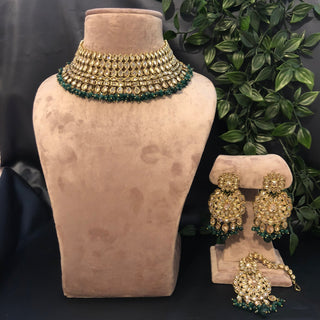 Pearly Antique Gold Necklace Set (Necklace, Earrings, Tikka) - Golden / Emerald Green