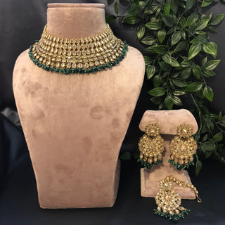 Pearly Antique Gold Necklace Set (Necklace, Earrings, Tikka) - Golden / Emerald Green