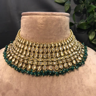 Pearly Antique Gold Necklace Set (Necklace, Earrings, Tikka) - Golden / Emerald Green