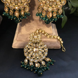 Pearly Antique Gold Necklace Set (Necklace, Earrings, Tikka) - Golden / Emerald Green