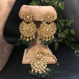 Pearly Antique Gold Necklace Set (Necklace, Earrings, Tikka) - Golden / Emerald Green