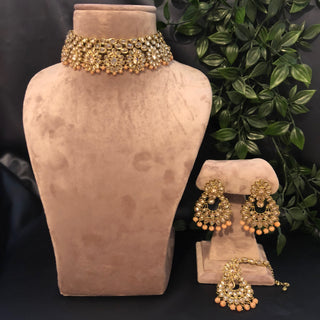 Pearly Antique Gold Necklace Set (Necklace, Earrings, Tikka) - Golden / Peach