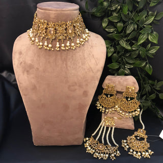 Pearly Antique Gold Necklace Set (Necklace, Earrings, Tikka) - Golden / Golden