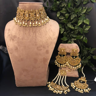 Pearly Antique Gold Necklace Set (Necklace, Earrings, Tikka) - Golden / Golden