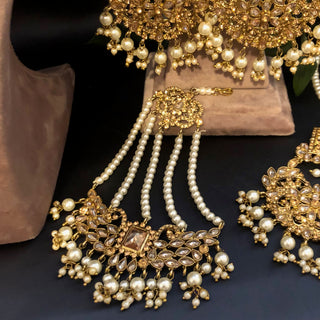 Pearly Antique Gold Necklace Set (Necklace, Earrings, Tikka) - Golden / Golden