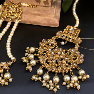 Pearly Antique Gold Necklace Set (Necklace, Earrings, Tikka) - Golden / Golden