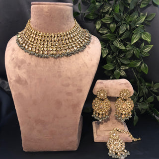 Pearly Antique Gold Necklace Set (Necklace, Earrings, Tikka) - Golden / Grey