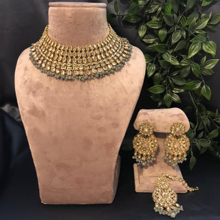 Pearly Antique Gold Necklace Set (Necklace, Earrings, Tikka) - Golden / Grey