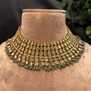 Pearly Antique Gold Necklace Set (Necklace, Earrings, Tikka) - Golden / Grey