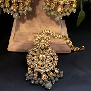 Pearly Antique Gold Necklace Set (Necklace, Earrings, Tikka) - Golden / Grey