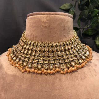 Pearly Antique Gold Necklace Set (Necklace, Earrings, Tikka) - Golden / Peach